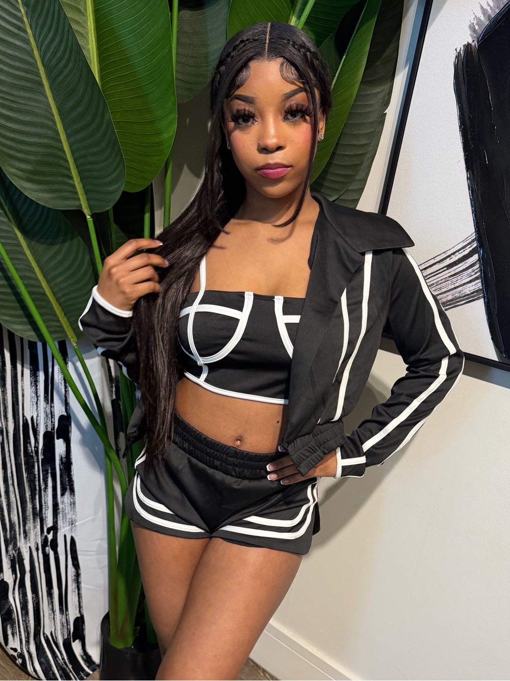 Black & White 3-Piece Lounge Set - Crop Top, Jacket, Shorts